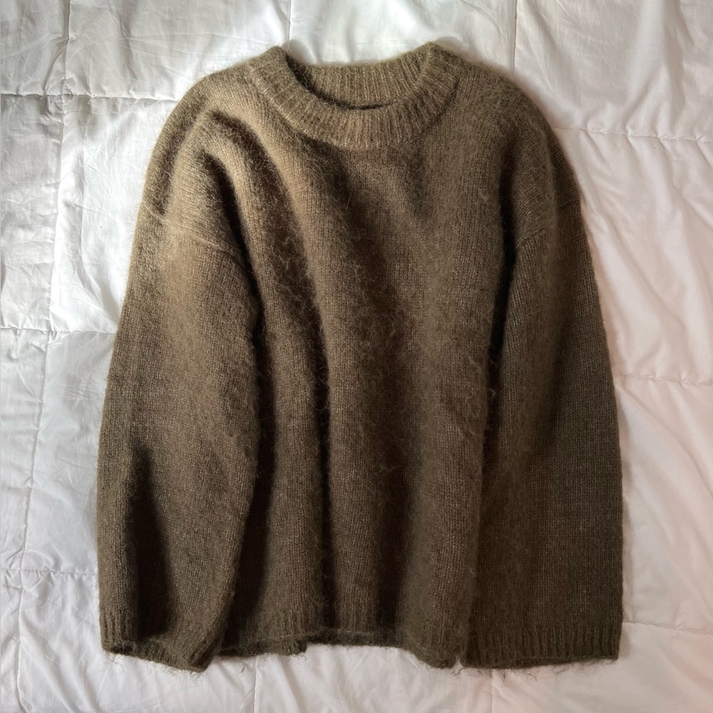 Topshop knit boxy fluffy crew neck oversized sweater khaki olive brushed S